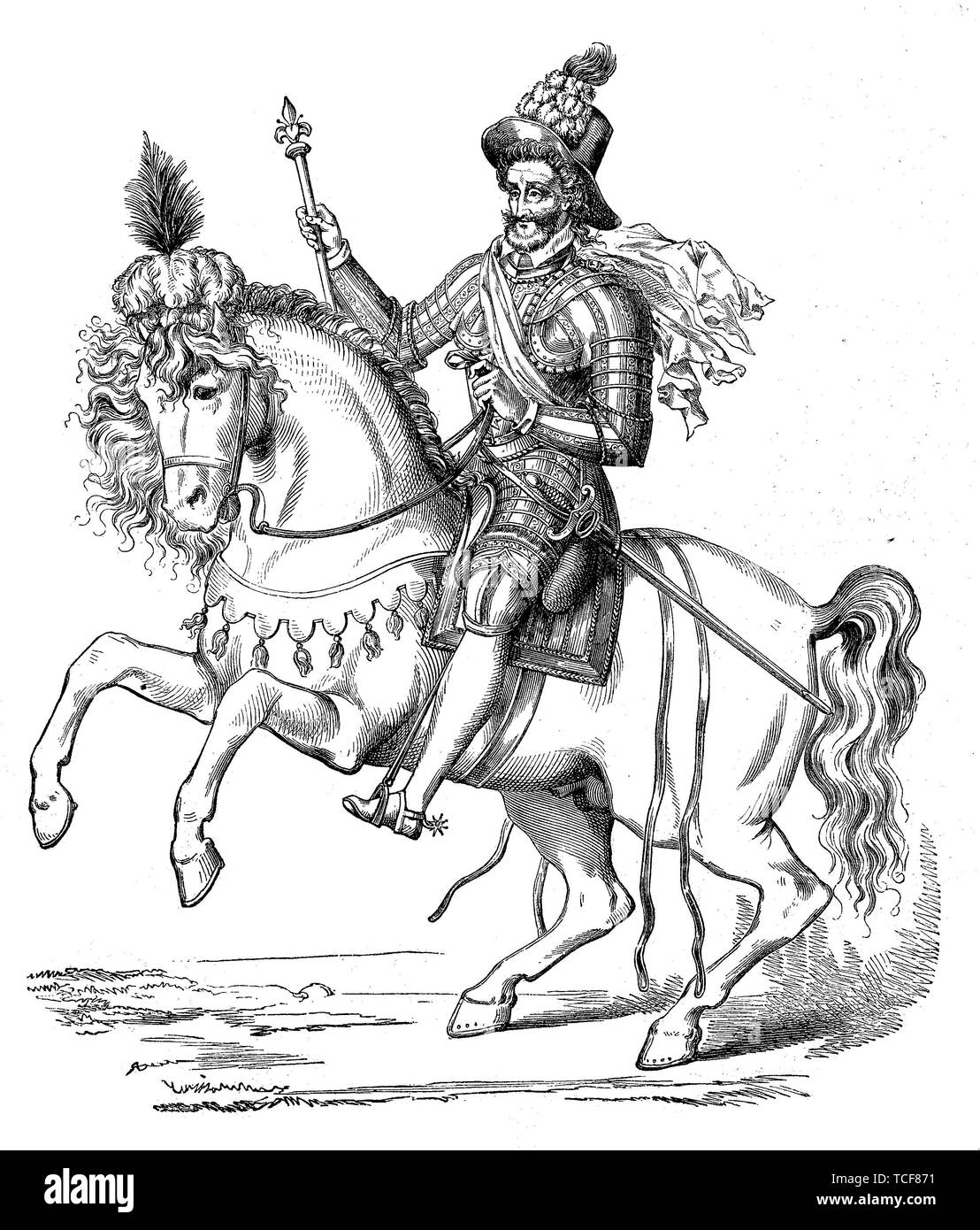 Enrico IV di Navarra, Henri IV, Henri Quatre, Henri le Grand, nato 1553, morì 1610 a Parigi, a cavallo, 1880, storico xilografia, Francia, Europa Foto Stock