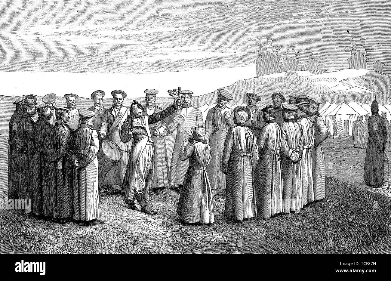 Soldati russi cantare nel camp Gallatz alla foce del Danubio, 1880, storico xilografia, Romania, Europa Foto Stock