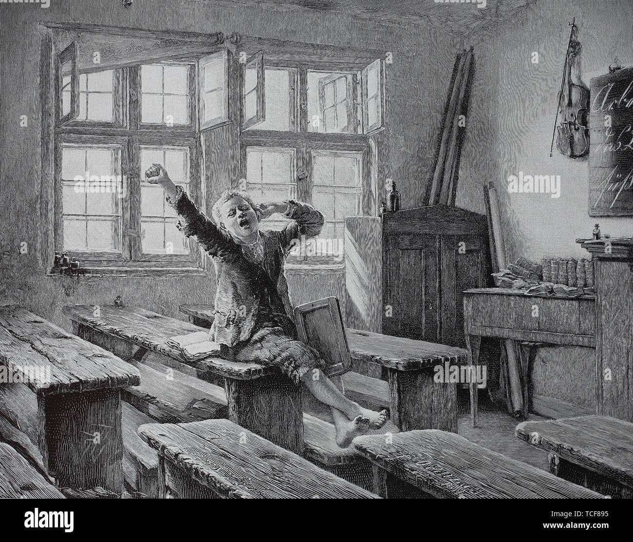 Uno scolaro ha di sedersi da soli dopo la scuola in aula e si allunga dalla fatica, 1880, storico xilografia, Germania, Europa Foto Stock