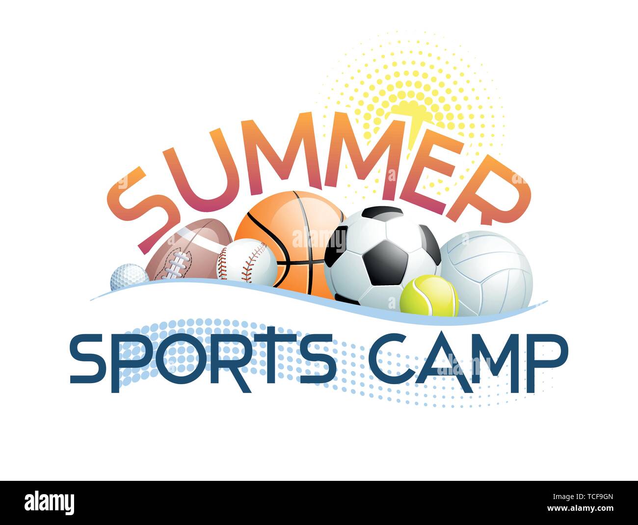 Sport estivi Camp concetto con diversi sport palle, abstract Sun e Wave. Illustrazione Vettoriale. Illustrazione Vettoriale