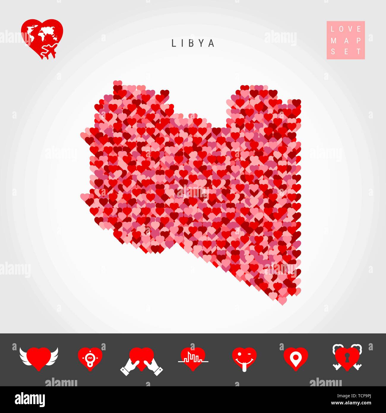 Io amo la Libia. Rosso e Cuori rosa Pattern mappa vettoriale della Libia isolata su sfondo grigio. Amore Icon Set. Illustrazione Vettoriale