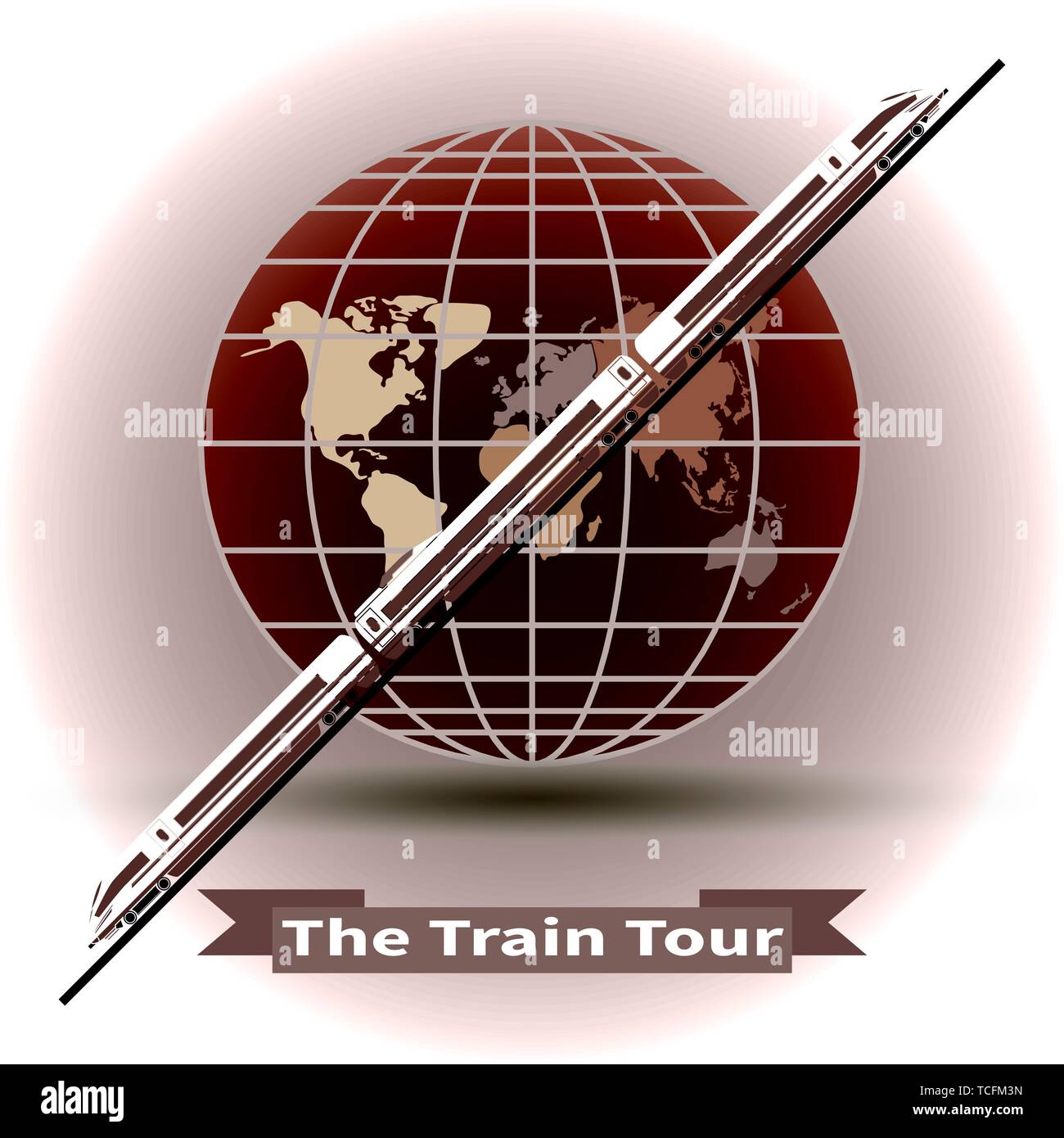 Tour in treno. Il moderno treno su un globo sfondo. Il tempo di viaggiare in tutto il mondo. Concetto alla moda per infographics, cataloghi, informazioni. Globe e il treno ve Illustrazione Vettoriale