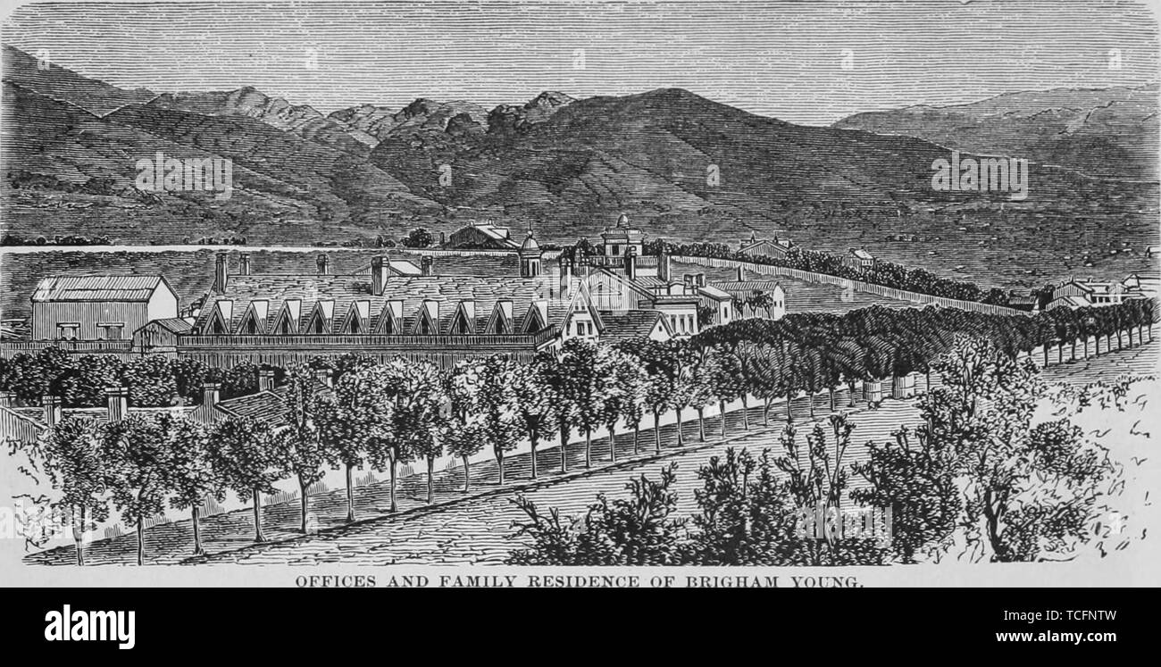 Incisione di la residenza di famiglia e degli uffici di Brigham Young, il primo governatore del territorio dello Utah, Salt Lake City, Utah, dal libro "pacifico" turistici da Henry T. Williams, 1878. La cortesia Internet Archive. () Foto Stock