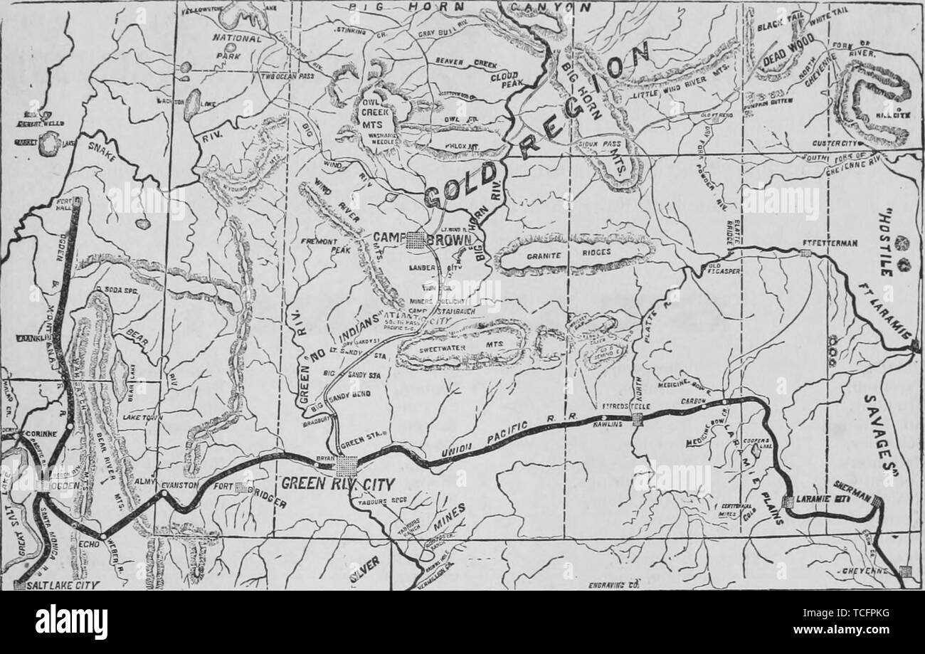 Mappa incisa della Pacific Railroad in tutta la BIH avvisatore acustico e Wind River Paese, dal libro "pacifico" turistici da Henry T. Williams, 1878. La cortesia Internet Archive. () Foto Stock