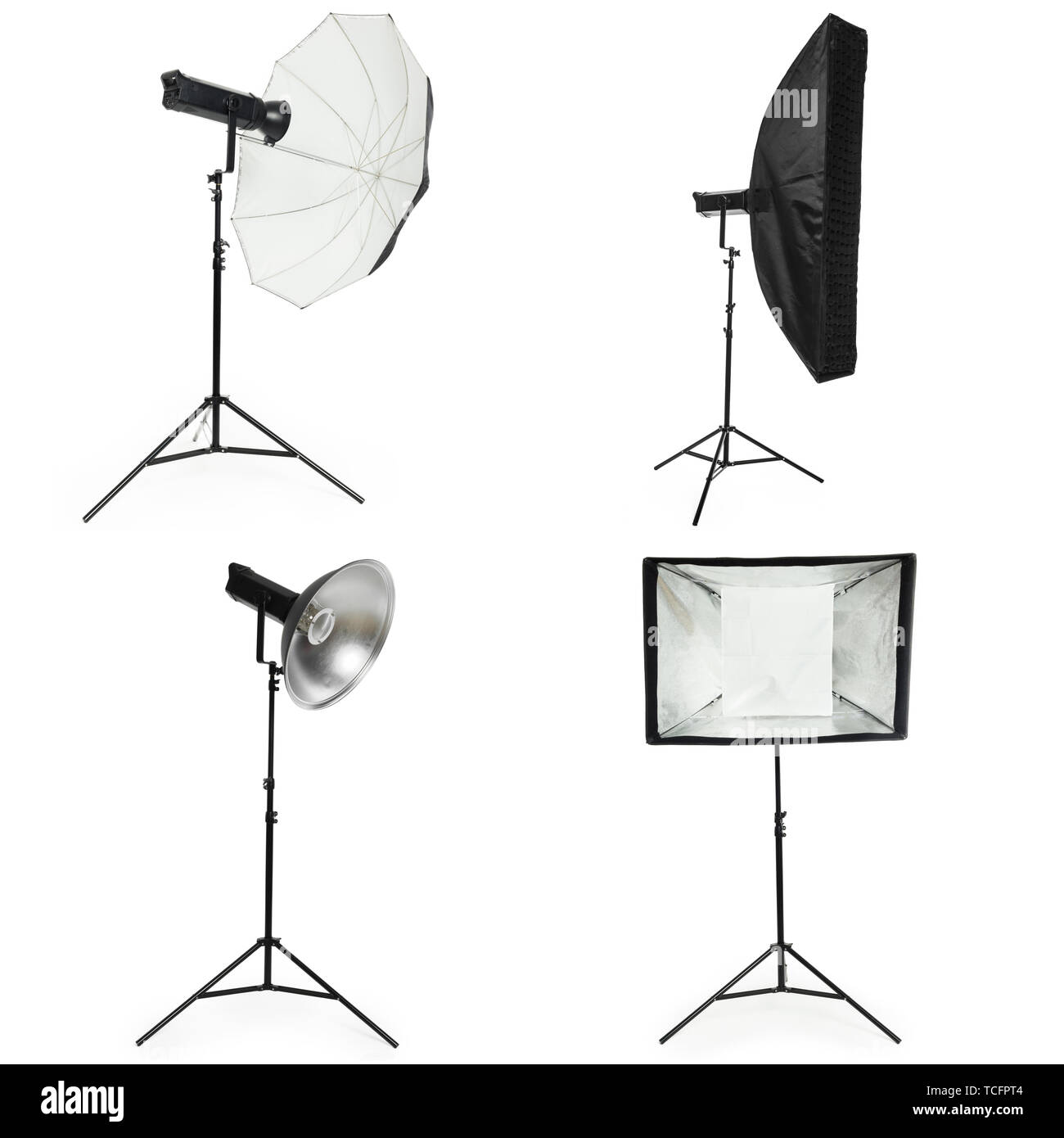 Studio fotografico di apparecchiature di illuminazione isolato su bianco Foto Stock