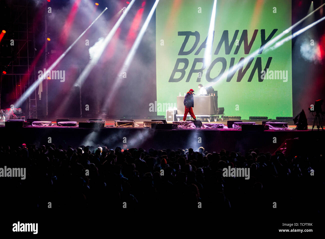 Il rapper americano, Danny Brown suona dal vivo allo stadio durante la NOS Primavera Sound Festival in porto. Foto Stock