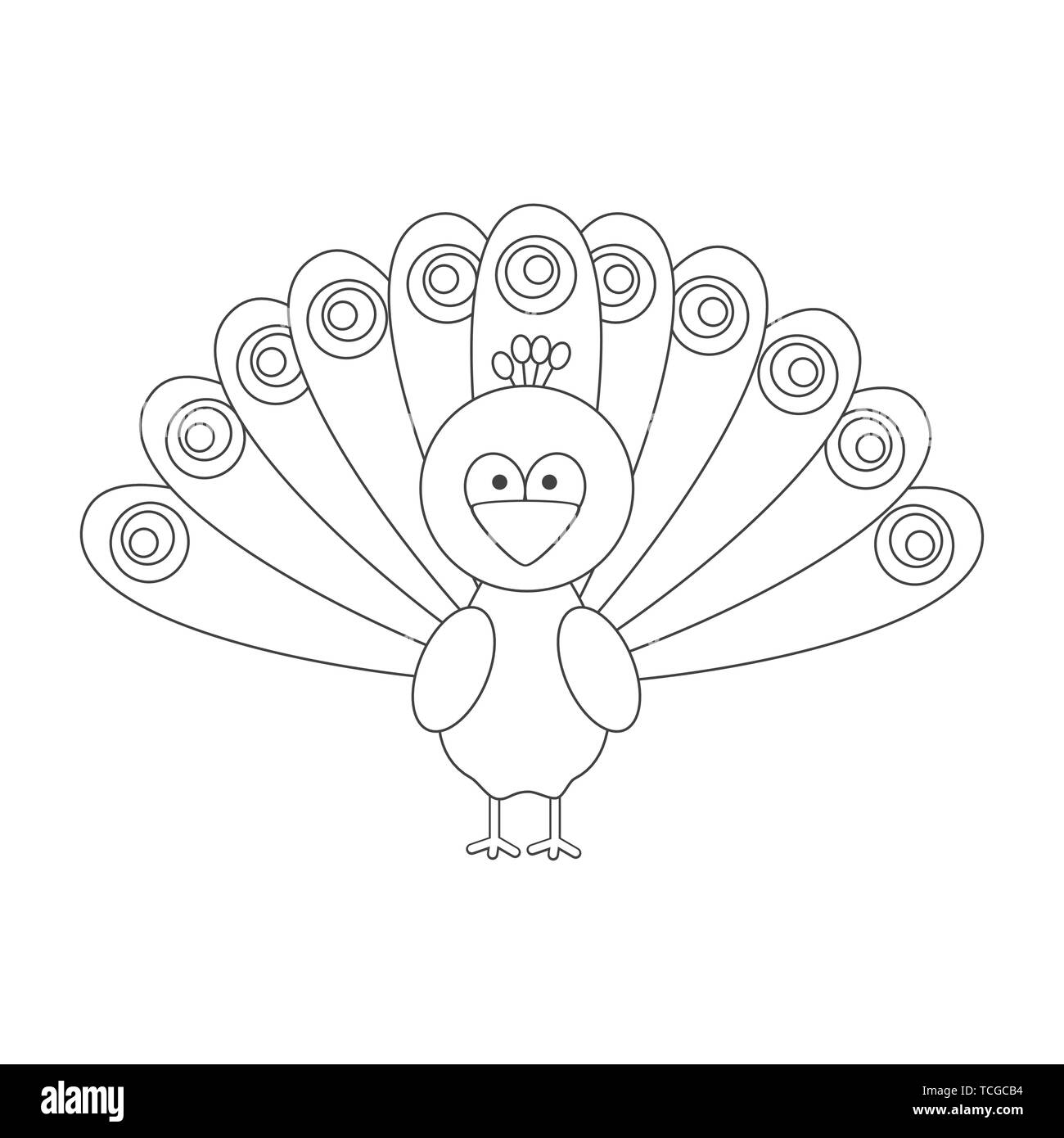Cartoon carino in bianco e nero peacock illustrazione vettoriale per la colorazione di arte Illustrazione Vettoriale