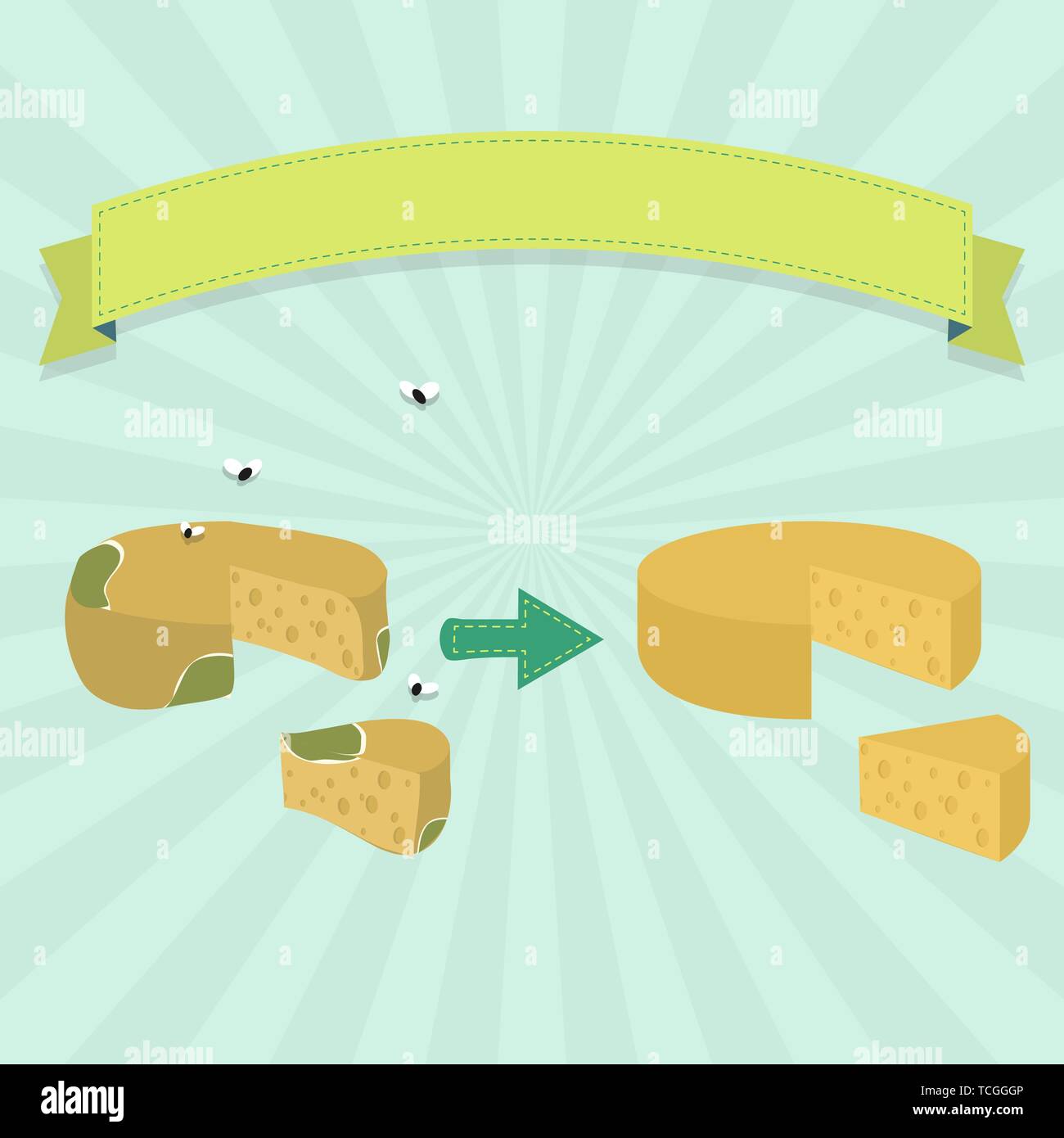 Formaggio ammuffito con mosche e formaggio fresco. Nastro vuoto per inserire il testo. Illustrazione Vettoriale