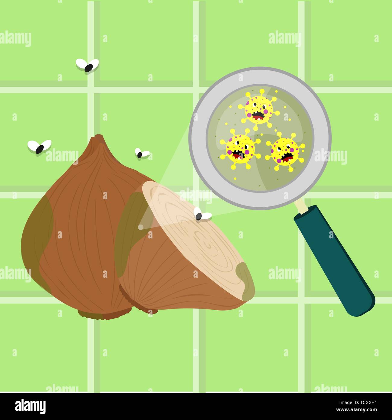 Onion contaminati con il cartoon microbi. Microrganismi, virus e batteri nel vegetale ingrandita di una lente di ingrandimento. Adirato contro i microbi cartoon. Illustrazione Vettoriale