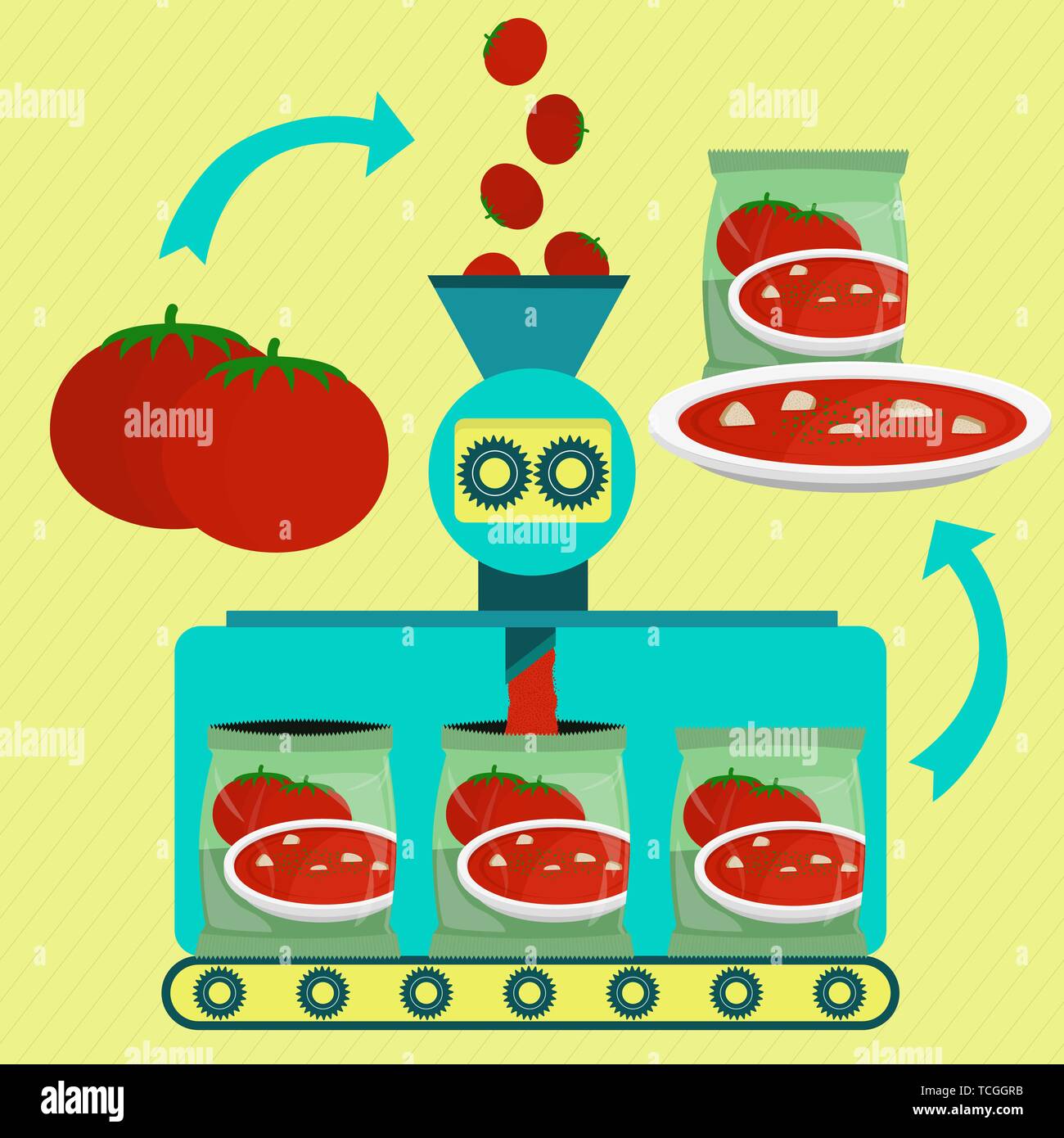 Zuppa di pomodoro serie linea di produzione. La fabbrica di polvere di zuppa di pomodoro. Pomodoro Fresco in lavorazione e confezionamento. Piatto di zuppa con crostini e un trito di pa Illustrazione Vettoriale