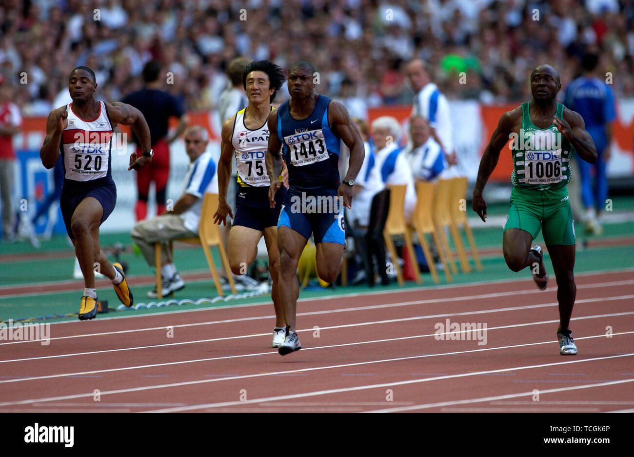Stade de France Saint Denis vicino Parigi 25.8.2003, IX Campionati del Mondo di atletica leggera ---- avviare 100m Foto Stock
