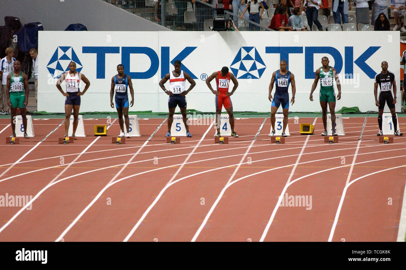 Stade de France Saint Denis vicino Parigi 25.8.2003, IX Campionati del Mondo di atletica leggera ---- avviare 100m Foto Stock