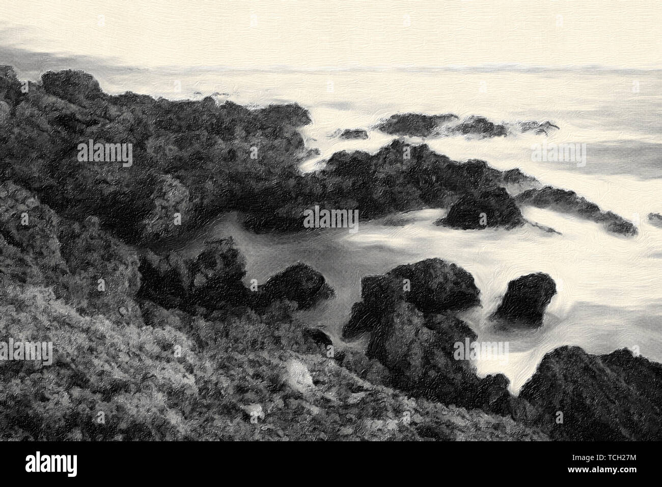 Un contrasto tra la dura roccia frastagliata scogliera e la soft misty onde dell'oceano. Digital pittura ad olio Foto Stock