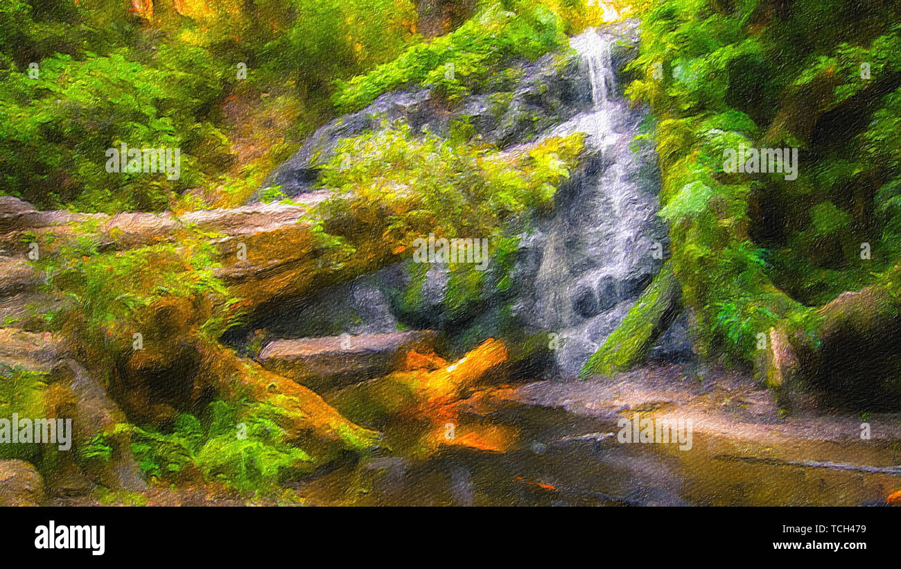 Gli alberi caduti cascate e overgrowth di felci digitale pittura olio Foto Stock