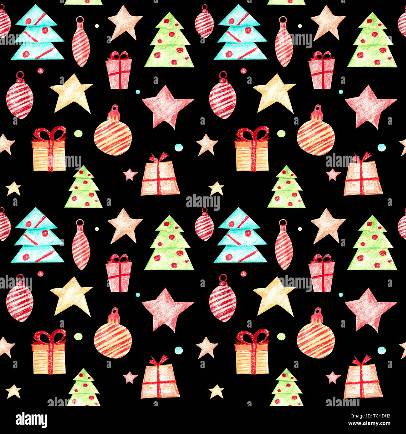 Festa di Natale pattern. Decorazioni di Natale per l'albero di Natale, stelle, doni, coriandoli, alberi di Natale. Luminoso colorato per il dono Foto Stock