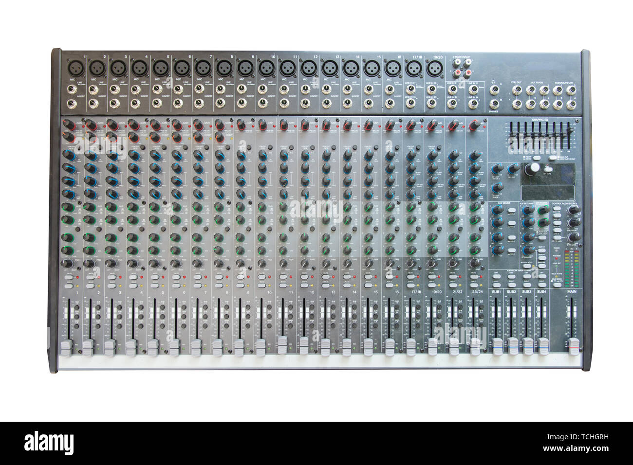 Audio mixer audio del pannello di controllo isolato su bianco. La console audio pulsanti per regolare il volume Foto Stock Audio mixer audio del pannello di controllo isolato su bianco. La console audio pulsanti per regolare il volume Foto Stock