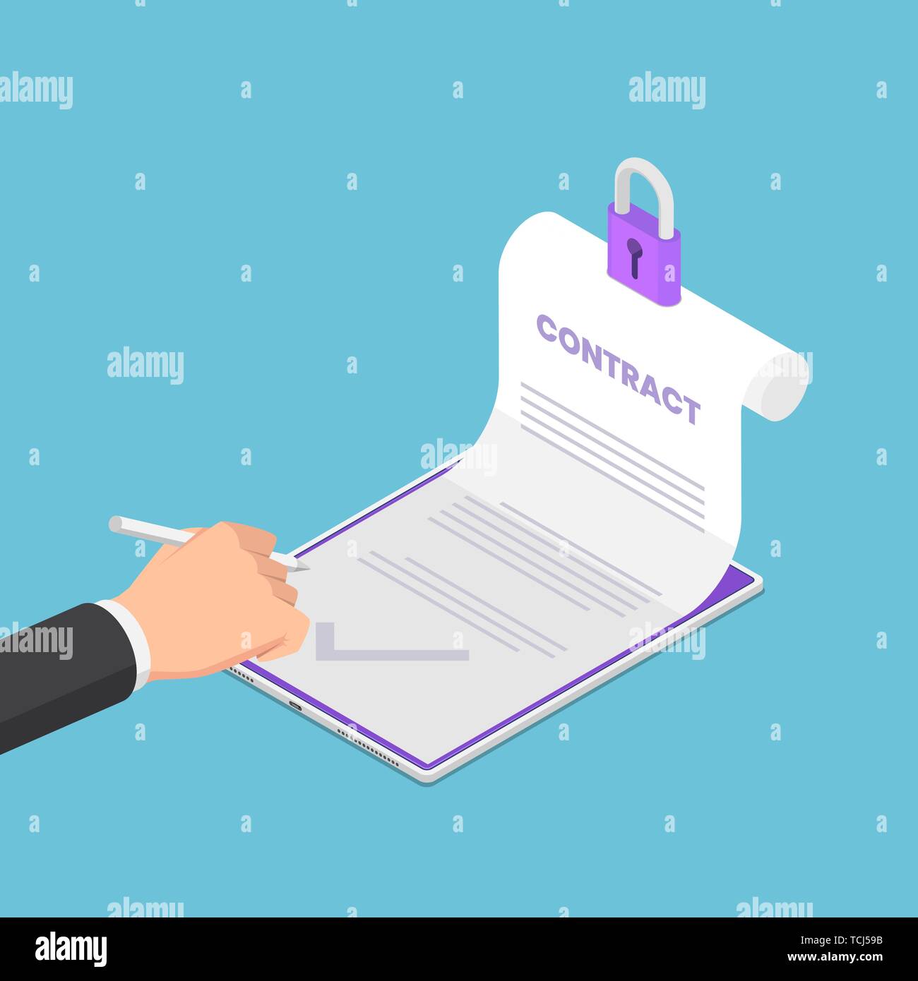 Appartamento 3D isometrica imprenditore mano iscriviti su contratto elettronico. Contratto elettronico o la firma digitale del concetto. Illustrazione Vettoriale