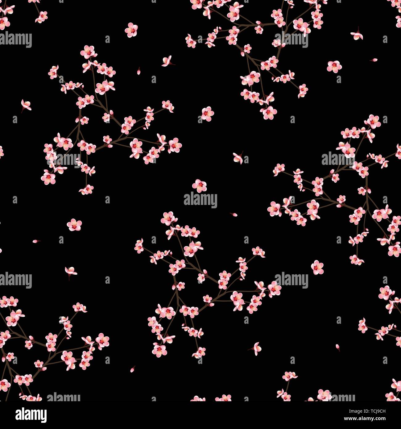 Momo pesca fiore Seamless su sfondo nero. Illustrazione Vettoriale. Illustrazione Vettoriale