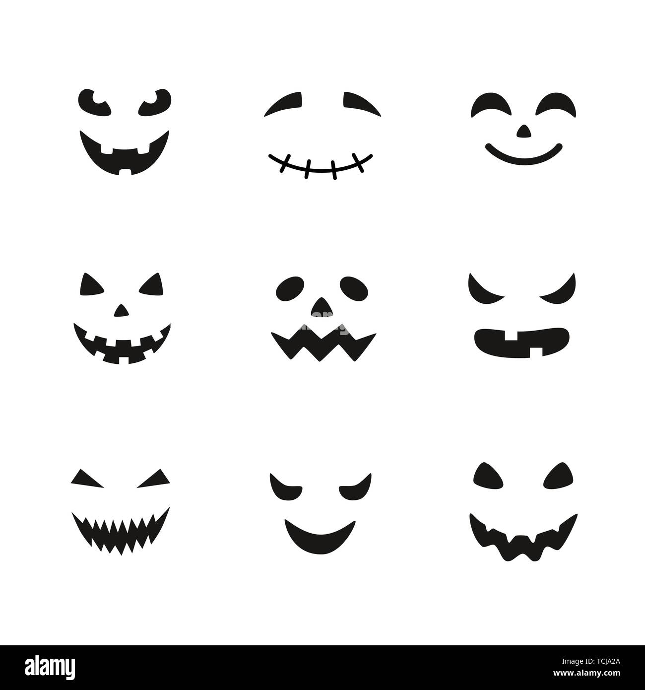 Raccolta di zucche di Halloween volti scolpiti silhouette. Le immagini in bianco e nero. Modello con varietà di occhi e bocche e nasi per tagliare jack o Illustrazione Vettoriale