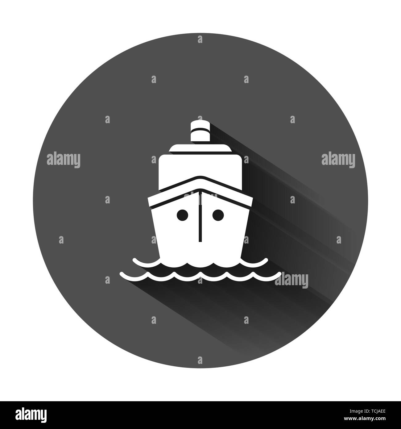 Nave crociera icona segno in stile appartamento. Barca da carico illustrazione vettoriale sul tondo nero lo sfondo con lunga ombra. Nave il concetto di business. Illustrazione Vettoriale