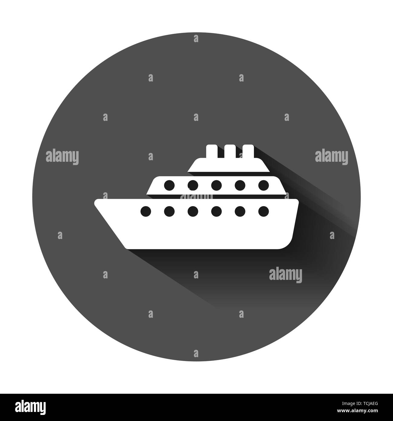Nave crociera icona segno in stile appartamento. Barca da carico illustrazione vettoriale sul tondo nero lo sfondo con lunga ombra. Nave il concetto di business. Illustrazione Vettoriale