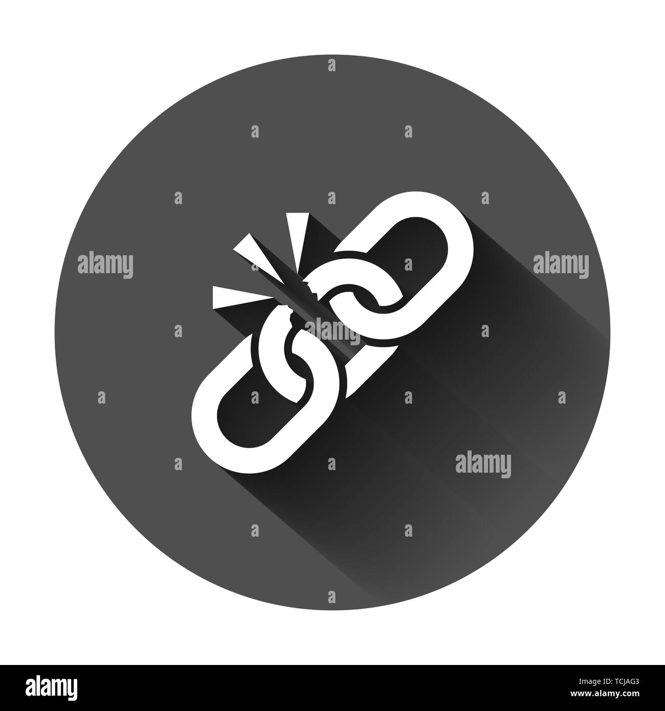 Catena spezzata segno icona in stile appartamento. Scollegare il tirante illustrazione vettoriale sul tondo nero lo sfondo con lunga ombra. Staccare il concetto di business. Illustrazione Vettoriale