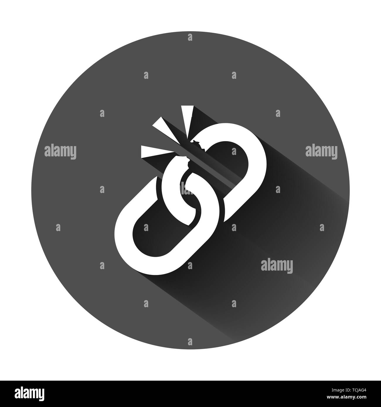 Catena spezzata segno icona in stile appartamento. Scollegare il tirante illustrazione vettoriale sul tondo nero lo sfondo con lunga ombra. Staccare il concetto di business. Illustrazione Vettoriale