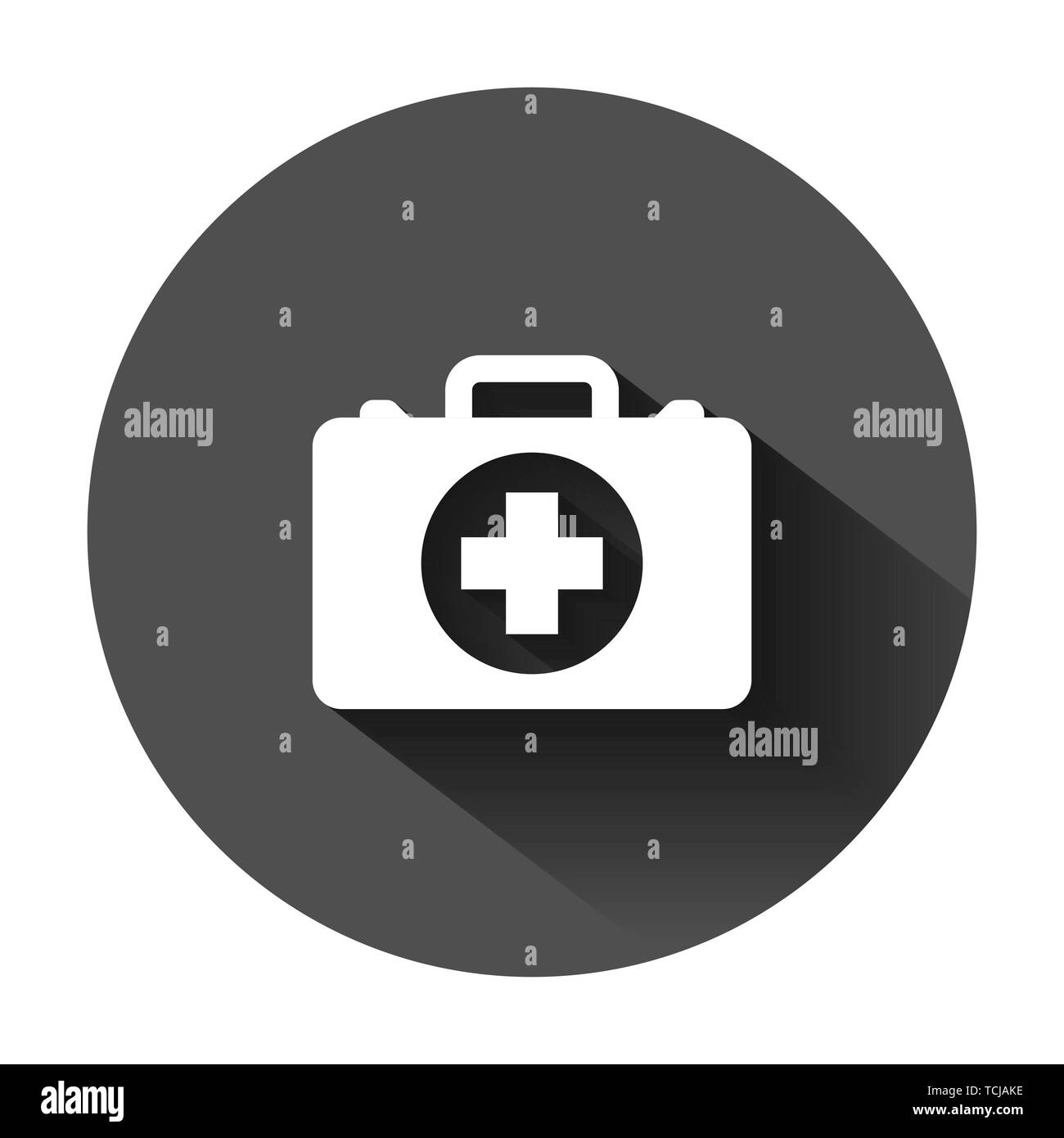 Kit di primo soccorso icona in stile appartamento. Salute, aiuto e la diagnostica medica illustrazione vettoriale sul tondo nero lo sfondo con lunga ombra. Borsa medico busi Illustrazione Vettoriale