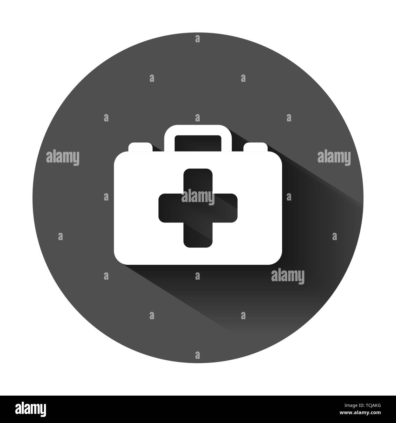 Kit di primo soccorso icona in stile appartamento. Salute, aiuto e la diagnostica medica illustrazione vettoriale sul tondo nero lo sfondo con lunga ombra. Borsa medico busi Illustrazione Vettoriale