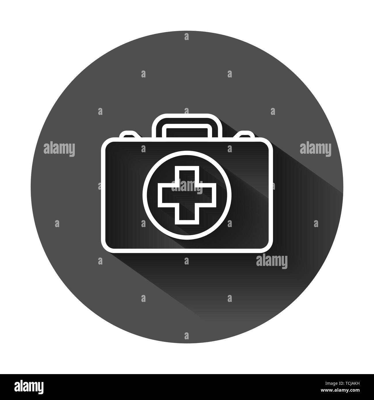 Kit di primo soccorso icona in stile appartamento. Salute, aiuto e la diagnostica medica illustrazione vettoriale sul tondo nero lo sfondo con lunga ombra. Borsa medico busi Illustrazione Vettoriale