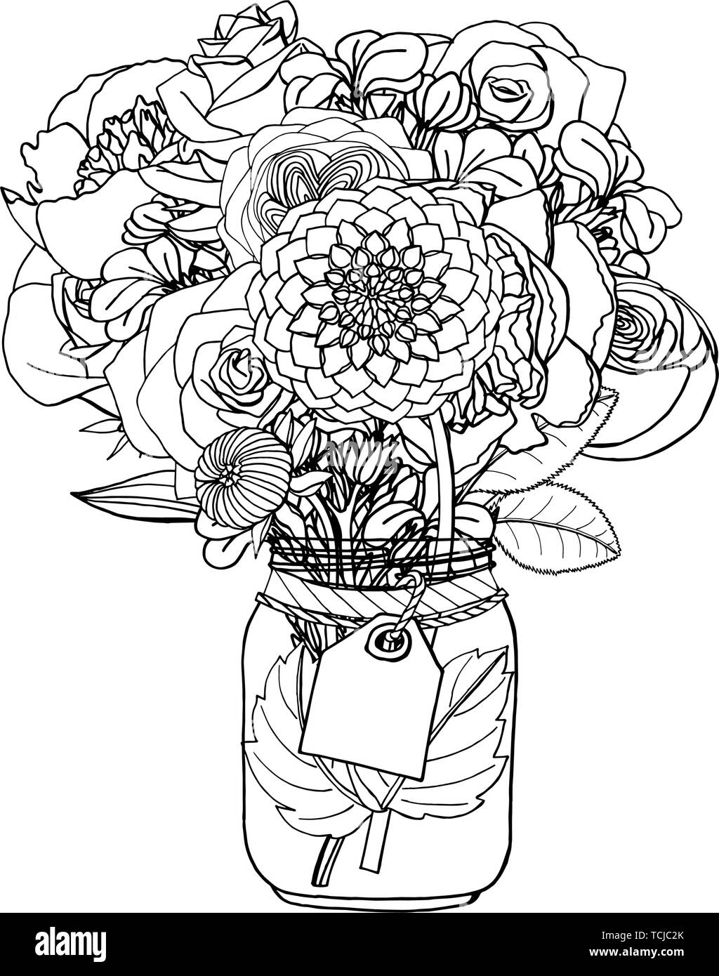 Disegnato a mano stile doodle mazzi di fiori diversi:peonia,rosa,dahlia,stock fiore. isolato su sfondo bianco. stock illustrazione vettoriale Illustrazione Vettoriale