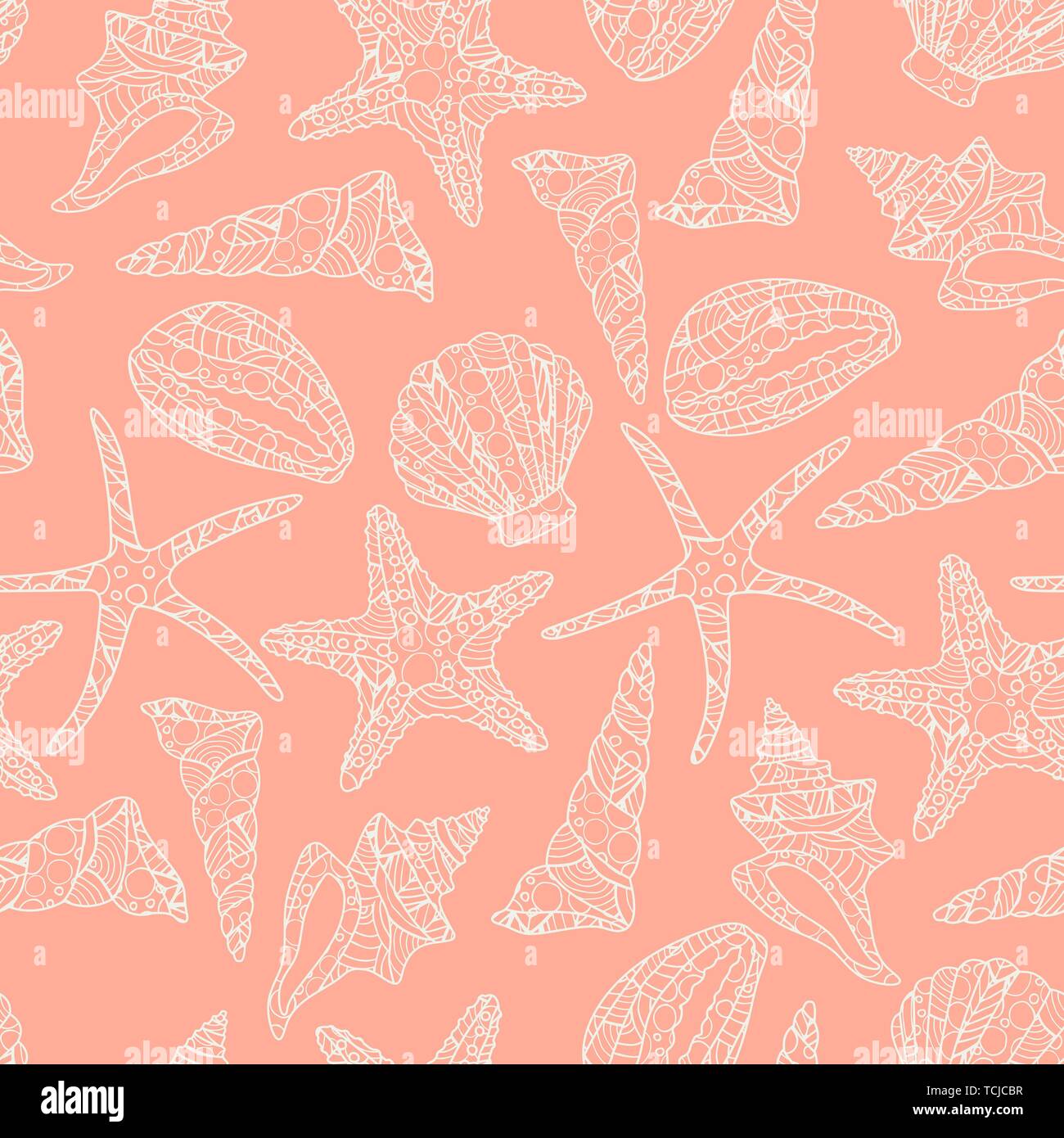 Seamless pattern in arte zen stile con conch conchiglie e stelle marine su sfondo rosa. stock illustrazione vettoriale. in bianco e nero monocromatico Illustrazione Vettoriale