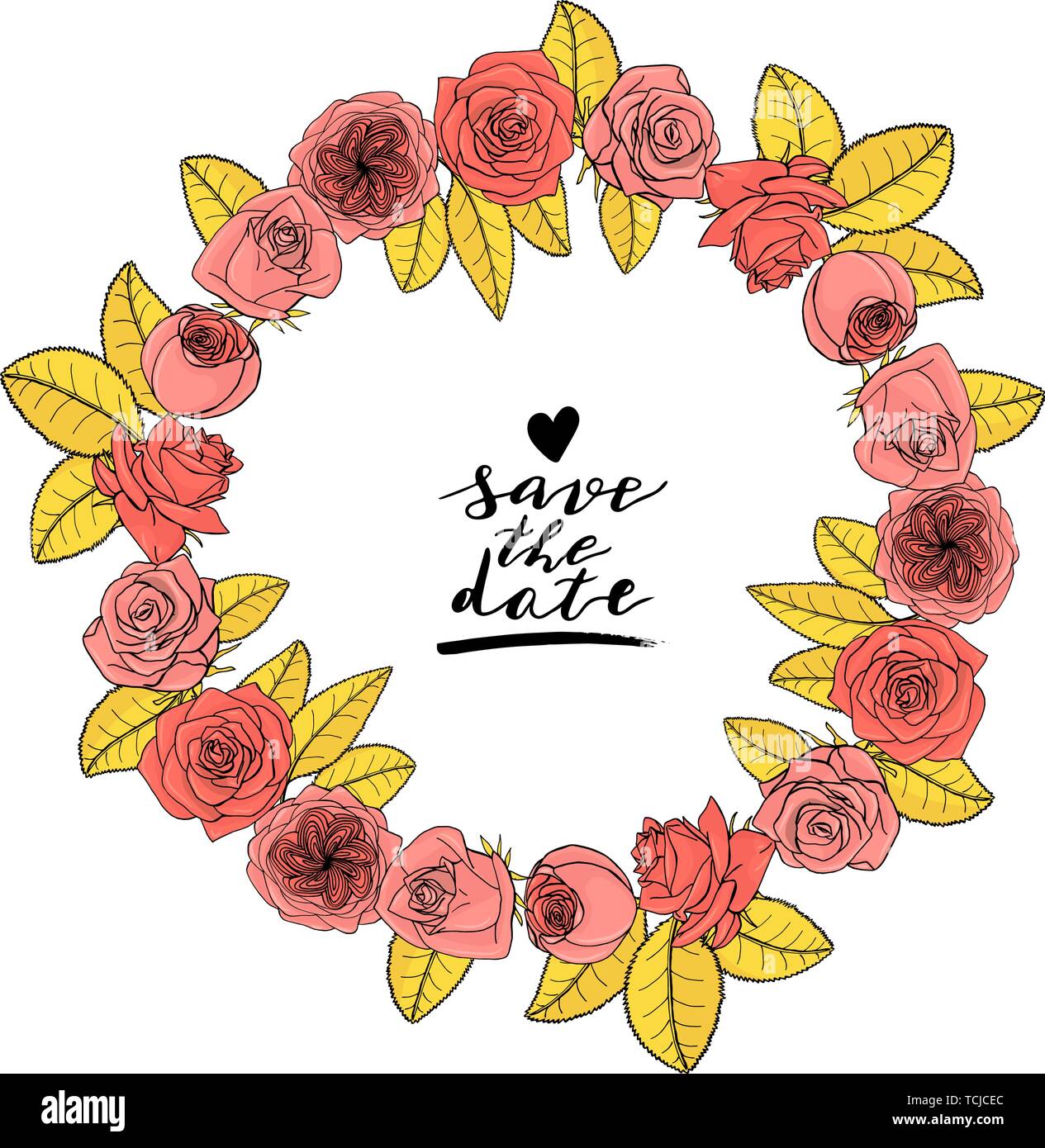 Disegnato a mano stile doodle rose fiori ghirlanda floreale. elemento di design. Illustrazione Vettoriale