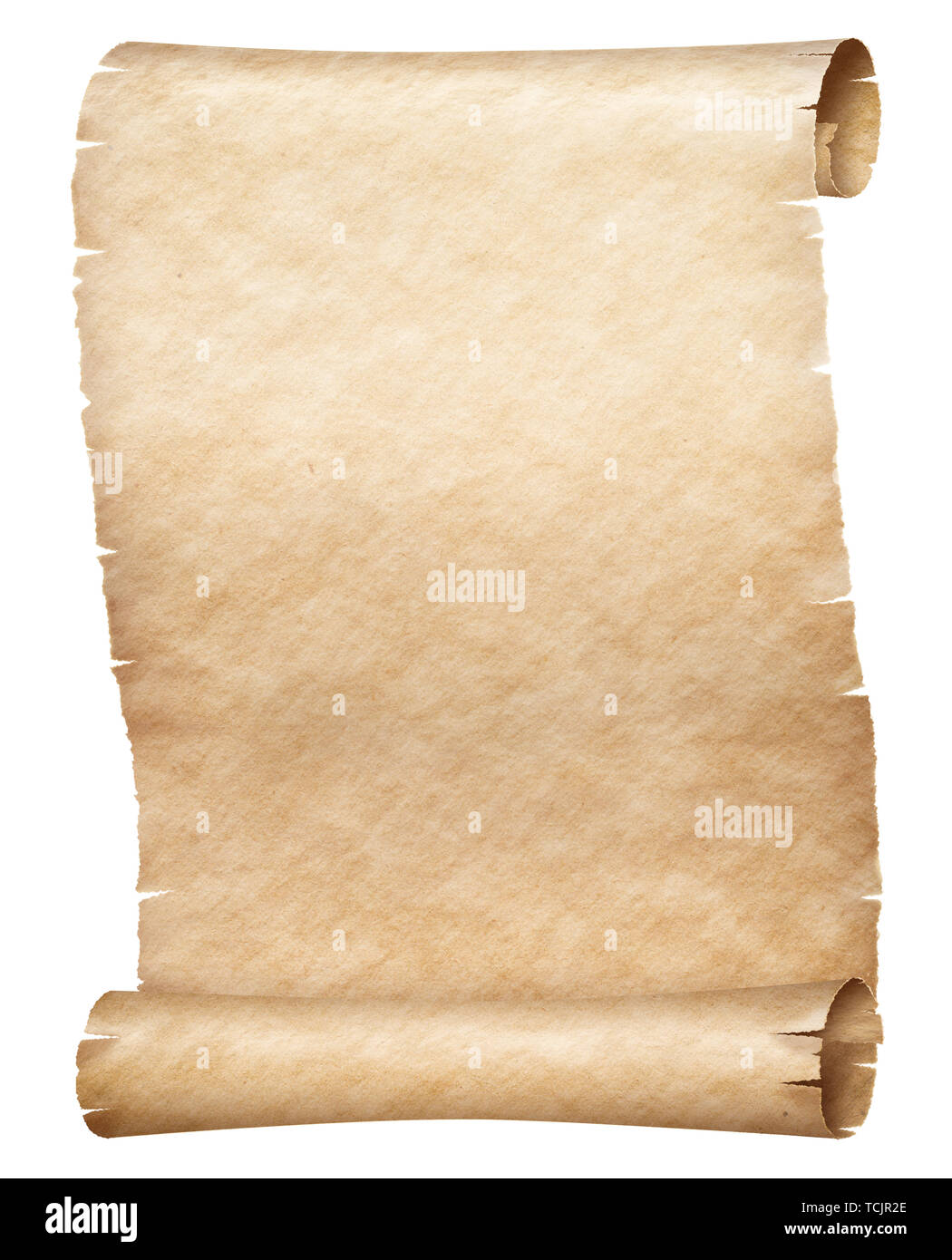 Vecchio papiro o pergamena scorrere isolato su bianco Foto Stock