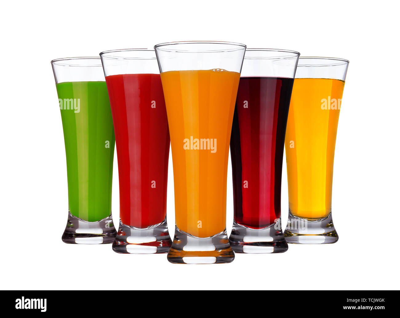 Succo di frutta concetto, bicchieri di diversi succhi di frutta e verdura isolati su sfondo bianco Foto Stock