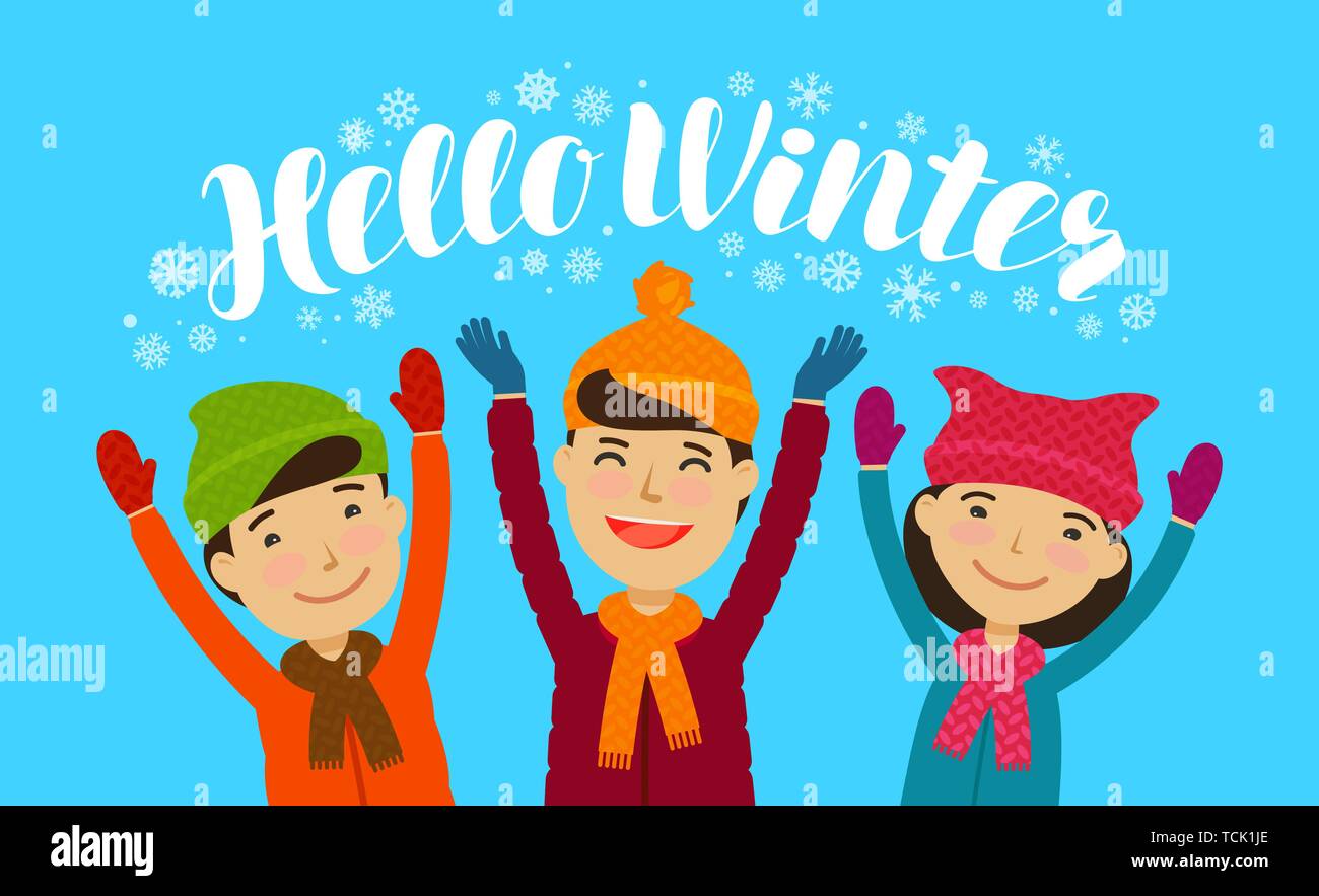 Ciao inverno, banner. Dei bambini felici di godere la neve. Fumetto illustrazione vettoriale Illustrazione Vettoriale