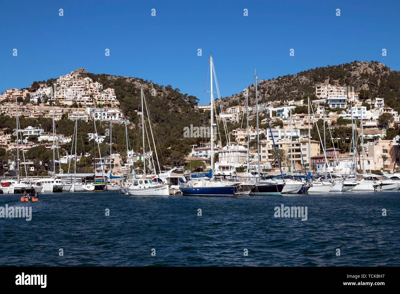 Yacht della marina e della baia di Puerto Andratx, porto d'Andratx, Maiorca, isole Baleari, Spagna Foto Stock