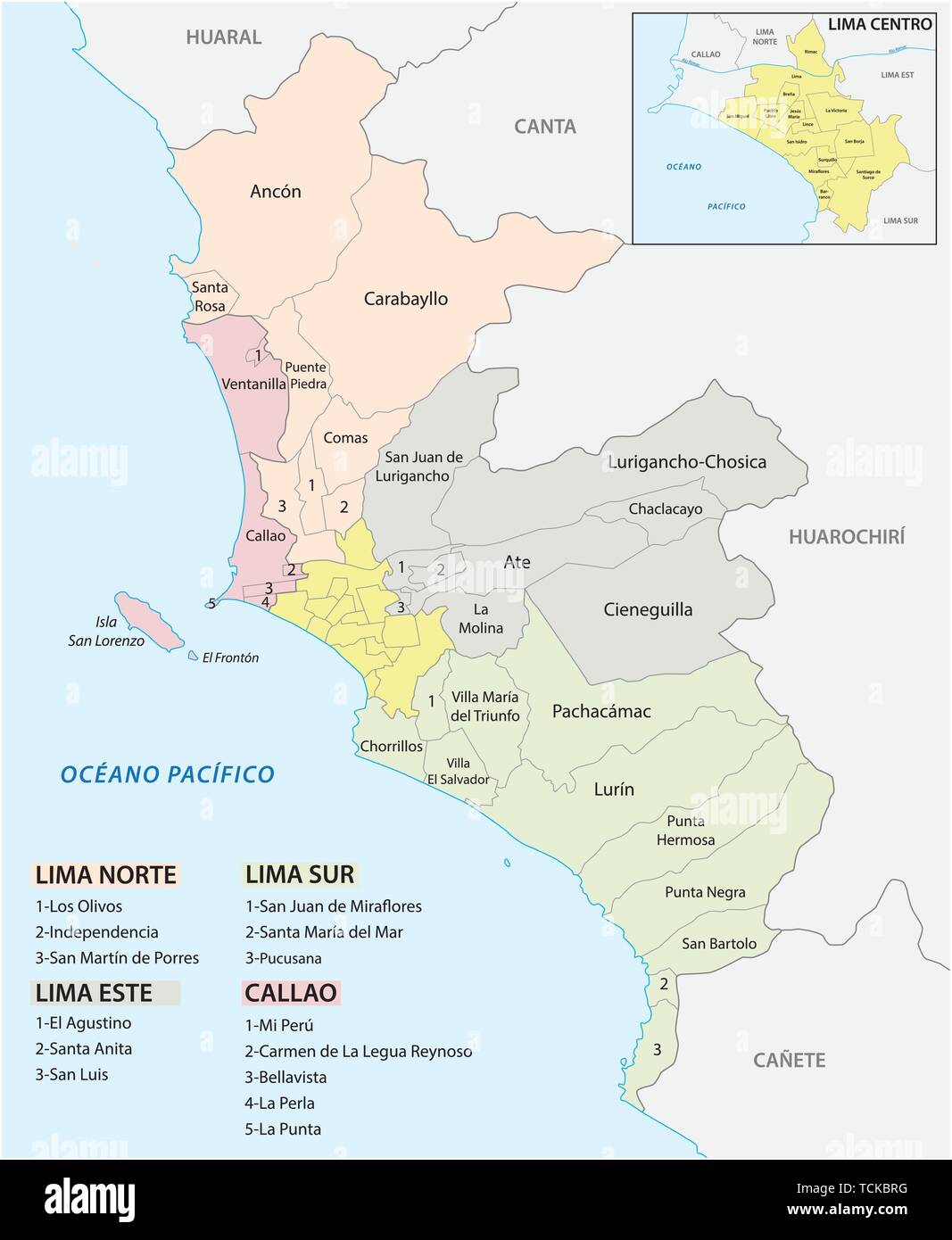 Lima metropolitan area politica e amministrativa di mappa in lingua spagnola Illustrazione Vettoriale