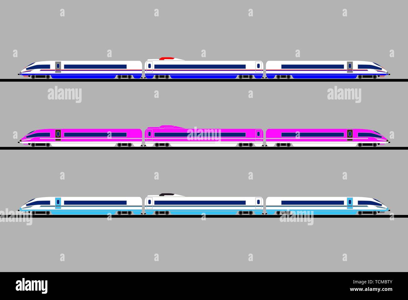 Piatto di vettore illustrazione di tre colori diversi passeggeri treni express. Ciascun treno ad alta velocità è due locomotori e di un'autovettura. Per il catalogo Illustrazione Vettoriale
