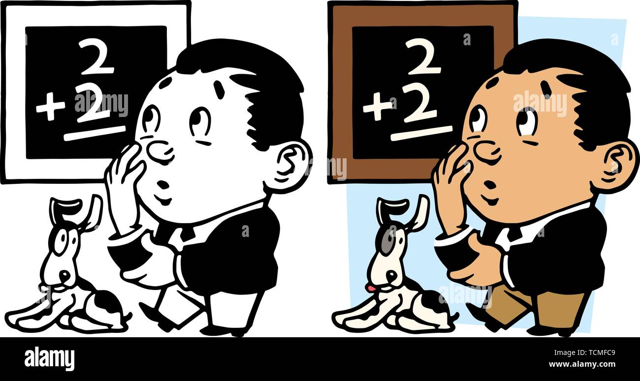 Un uomo cerca di risolvere un semplice matematica inoltre problema su una lavagna. Illustrazione Vettoriale