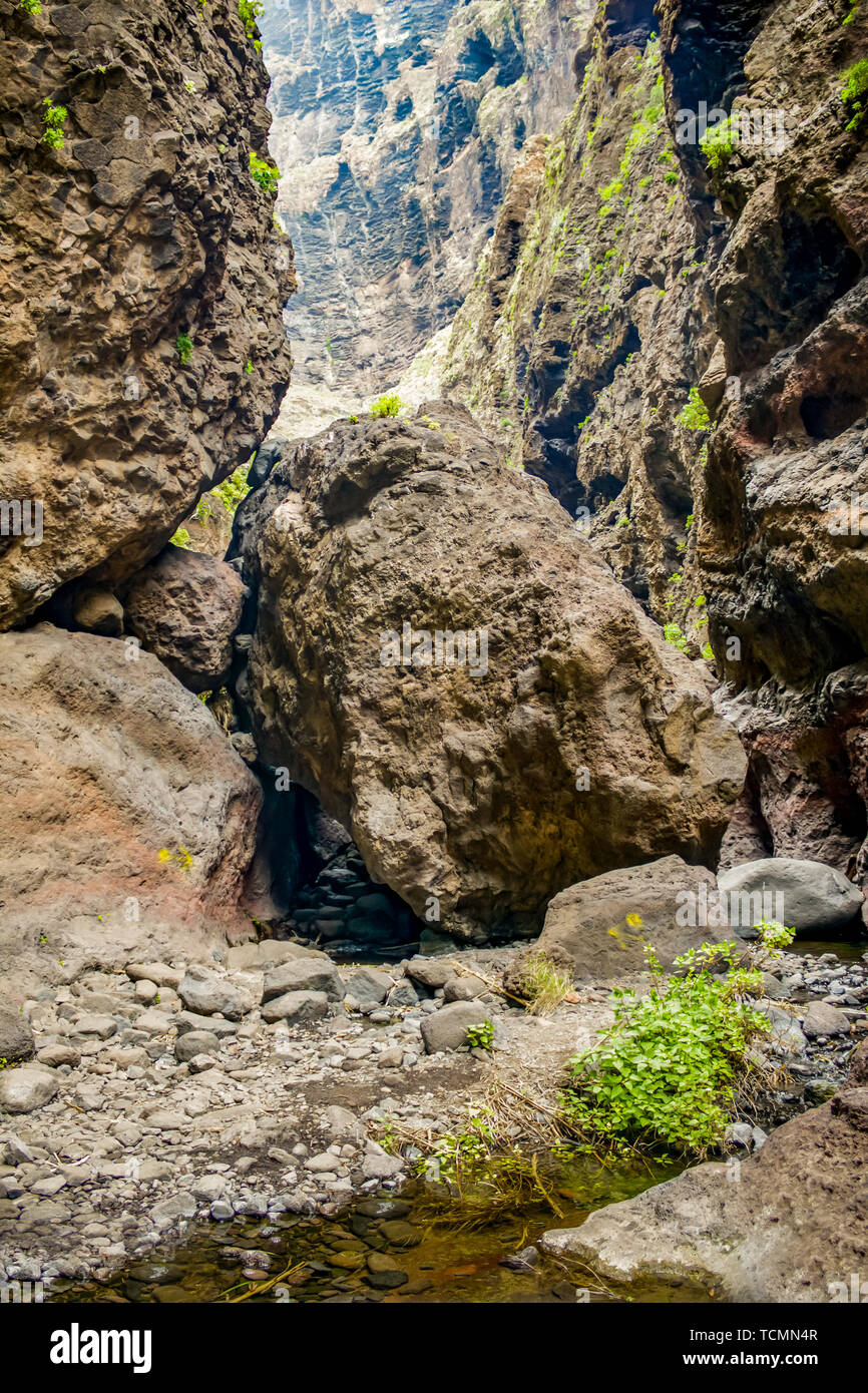 Rocce nel Masca gorge, Tenerife, mostrando solidificato di lava vulcanica di strati di flusso e la formazione di arco. Il burrone o barranco conduce all'oceano fr Foto Stock