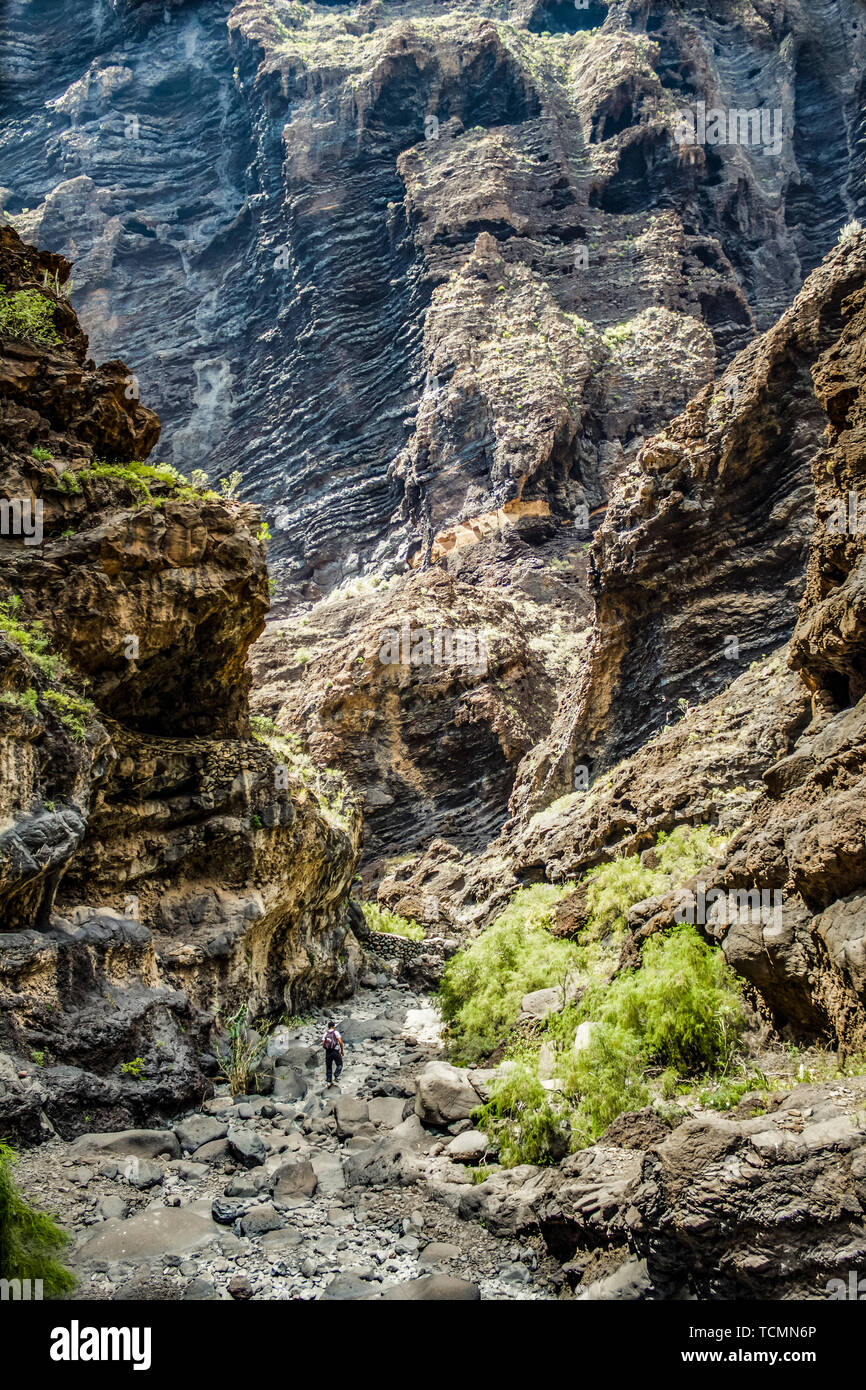 Rocce nel Masca gorge, Tenerife, mostrando solidificato di lava vulcanica di strati di flusso e la formazione di arco. Il burrone o barranco conduce all'oceano fr Foto Stock
