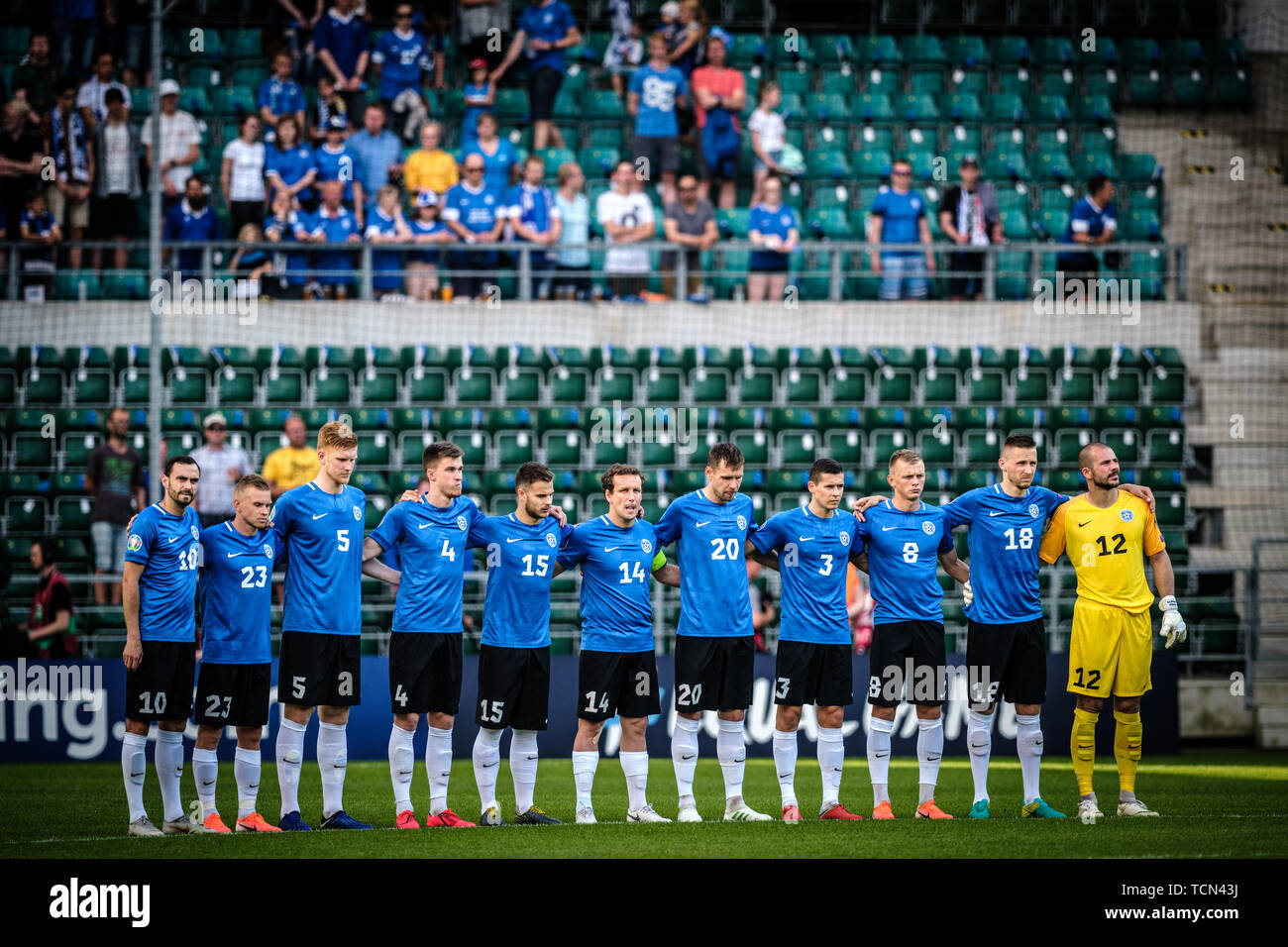 Tallinn, Estonia. Il giorno 08 Giugno, 2019. Team Estonia visto prima dell'Euro 2020 qualificatori gioco tra Estonia e Irlanda del Nord a Tallinn. (Punteggio finale; Estonia 1:2 Irlanda del Nord) Credito: SOPA Immagini limitata/Alamy Live News Foto Stock