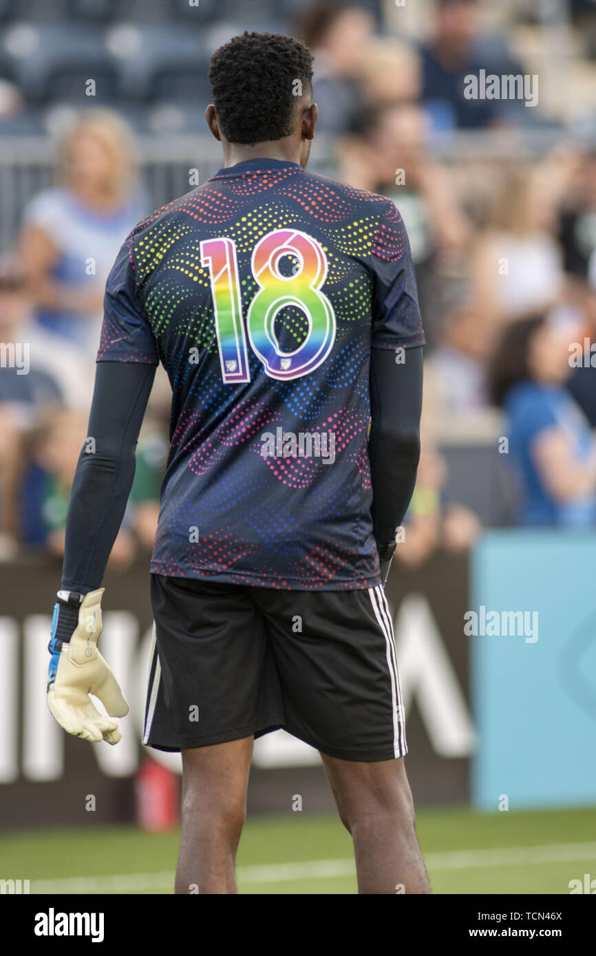 Chester, Pennsylvania, USA. 8 Giugno, 2019. Unione di Philadelphia goalie ANDRE BLAKE (18)indossando un orgoglio Jersey prima della partita contro la Red Bulls a Talen Energy Stadium di Chester PA Credito: Ricky Fitchett/ZUMA filo/Alamy Live News Foto Stock