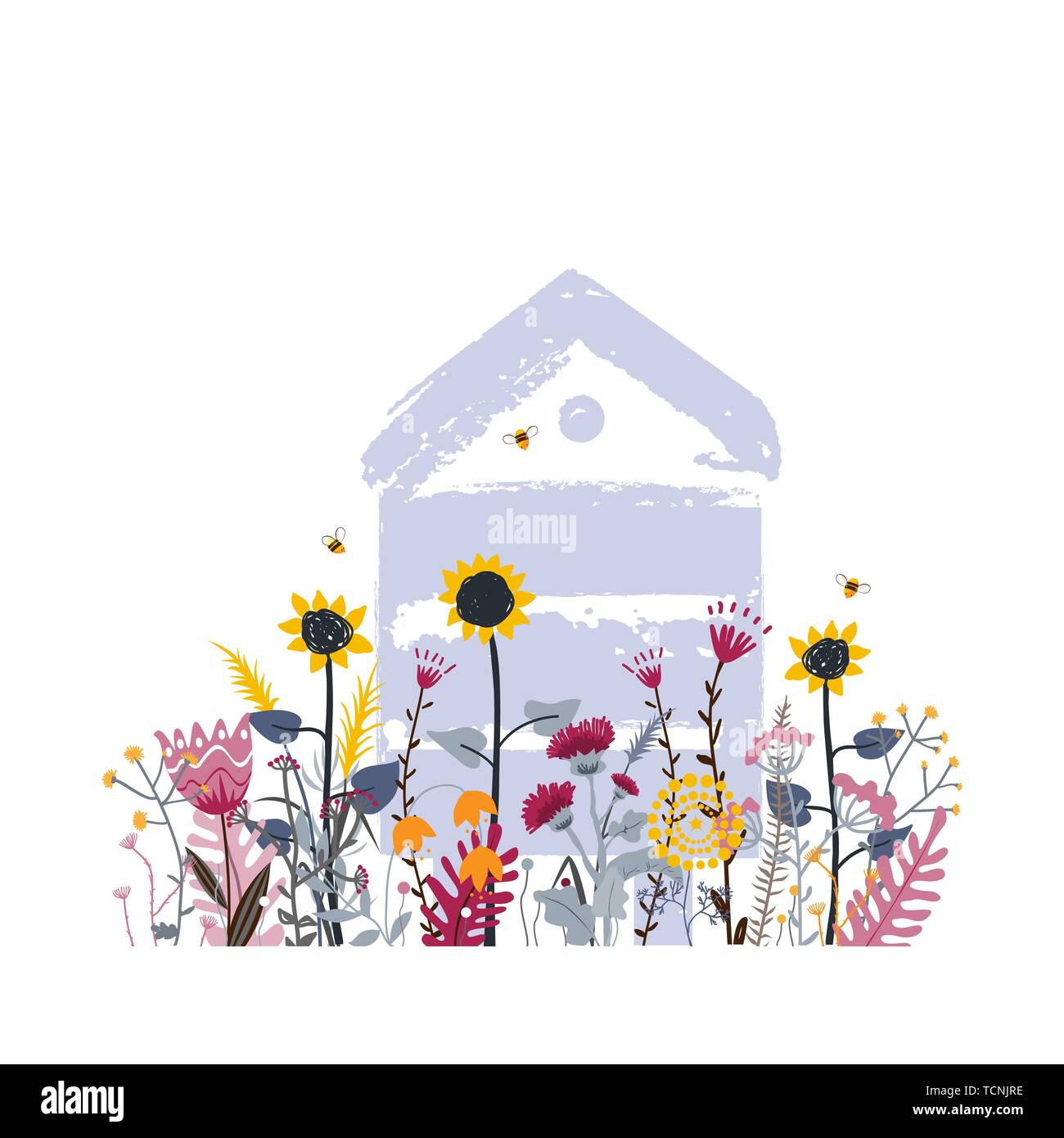 Fiore luminoso prato con alveare in estate. Mix differenza colore del fiore rurale. Un sacco di vari bellissimi fiori e occupato le api . Paese di sole Illustrazione Vettoriale