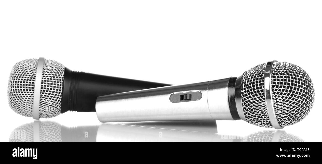 Argento e nero microfoni isolato su bianco Foto Stock