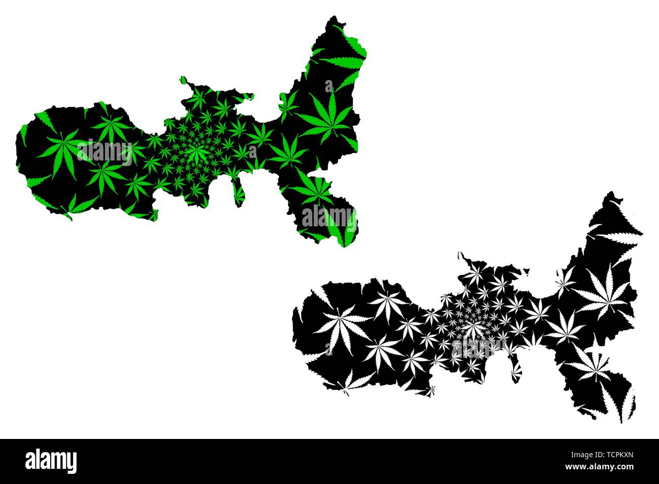 Elba (isola in Italia, Arcipelago toscano,Repubblica Italiana) mappa è progettato Cannabis leaf verde e nero, Elba mappa fatta di marijuana (marihuana,THC) Illustrazione Vettoriale