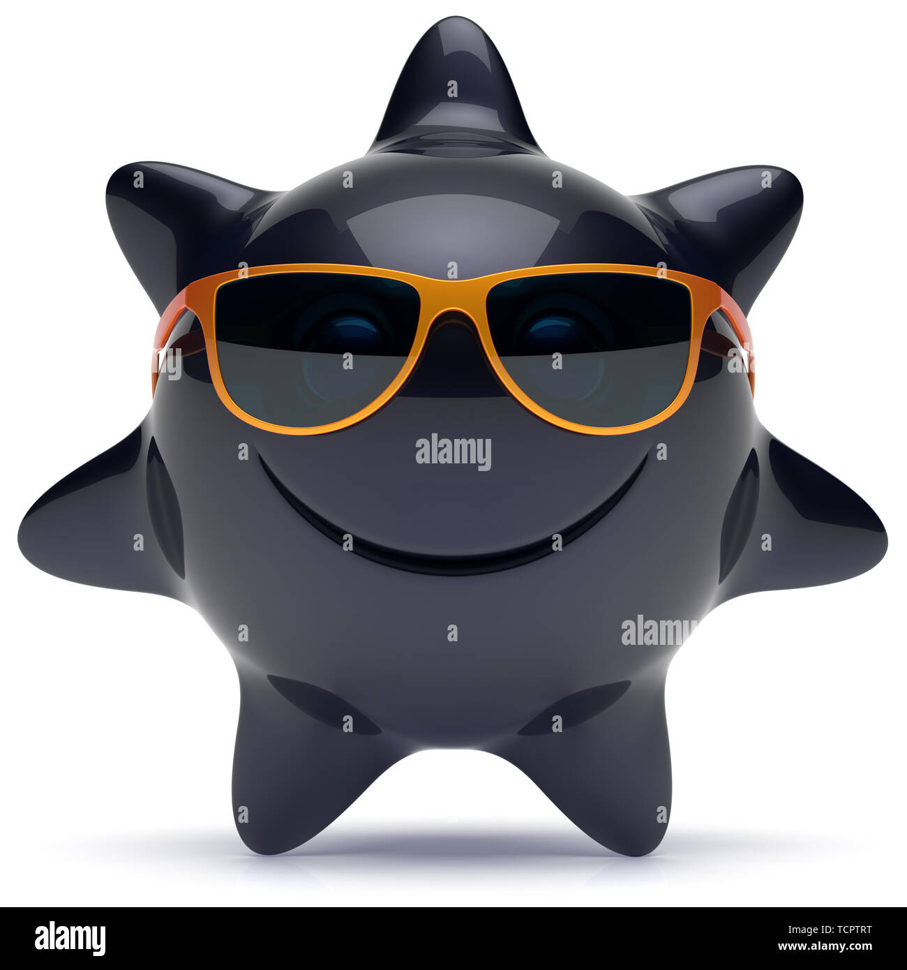 Smiley sun star volto occhiali da sole allegro sorriso estate cartoon ball emoticon felice calore di sole nero e arancio icona di persona. Sorridente carattere ridere holi Foto Stock