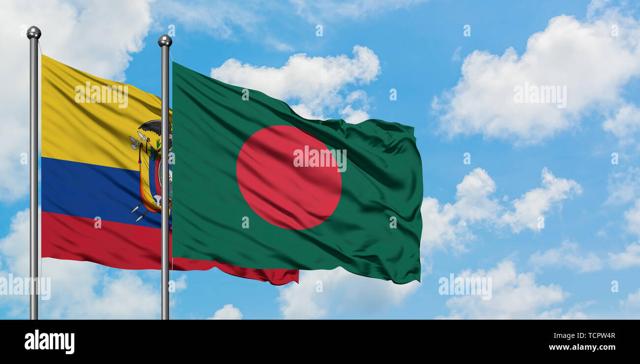 Ecuador e il Bangladesh bandiera sventolare nel vento contro bianco torbido cielo blu insieme. Concetto di Diplomazia e relazioni internazionali. Foto Stock