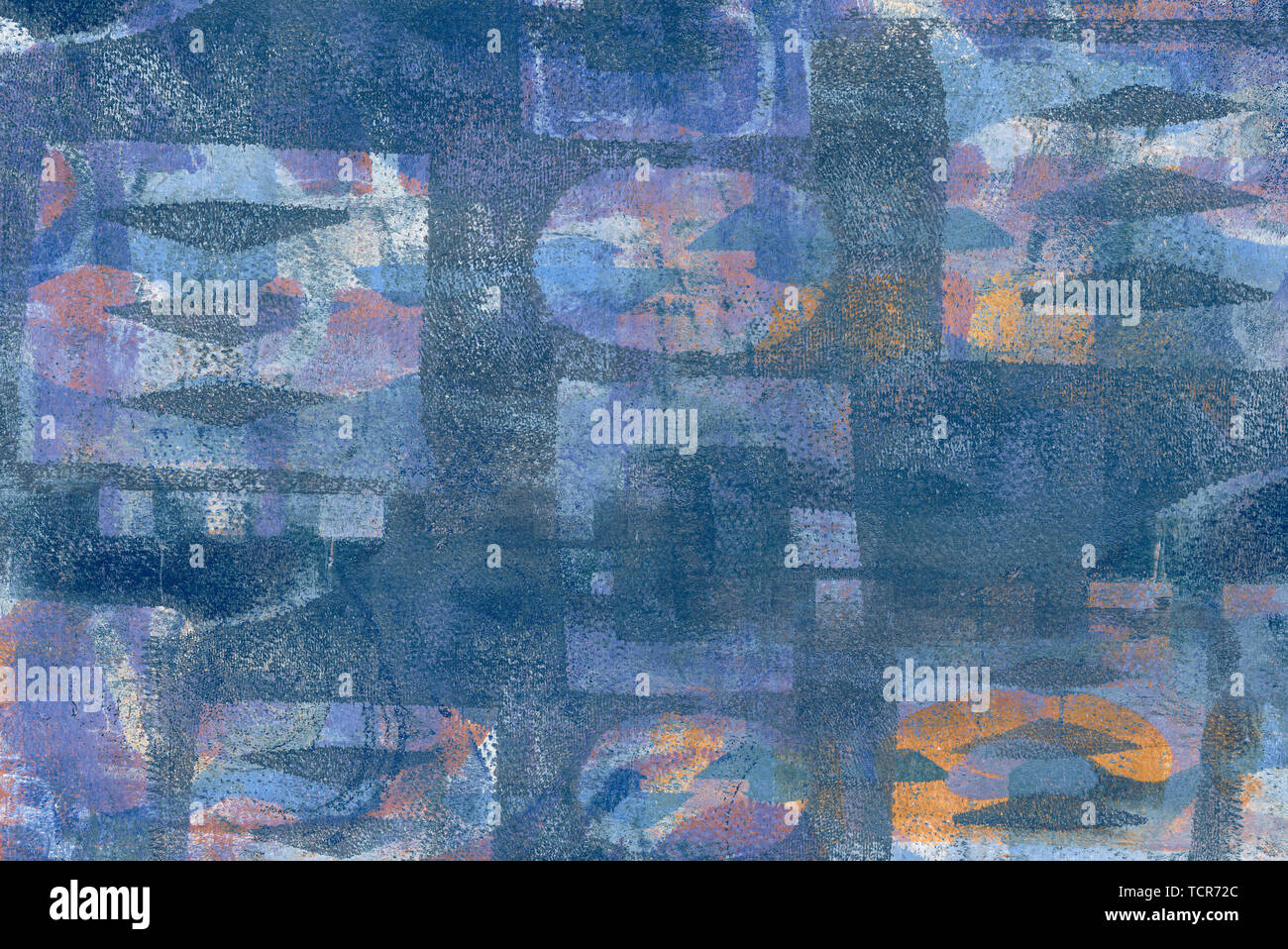 Creativo fondo acrilico multistrato realizzato con varie texture in lavate toni blu Foto Stock